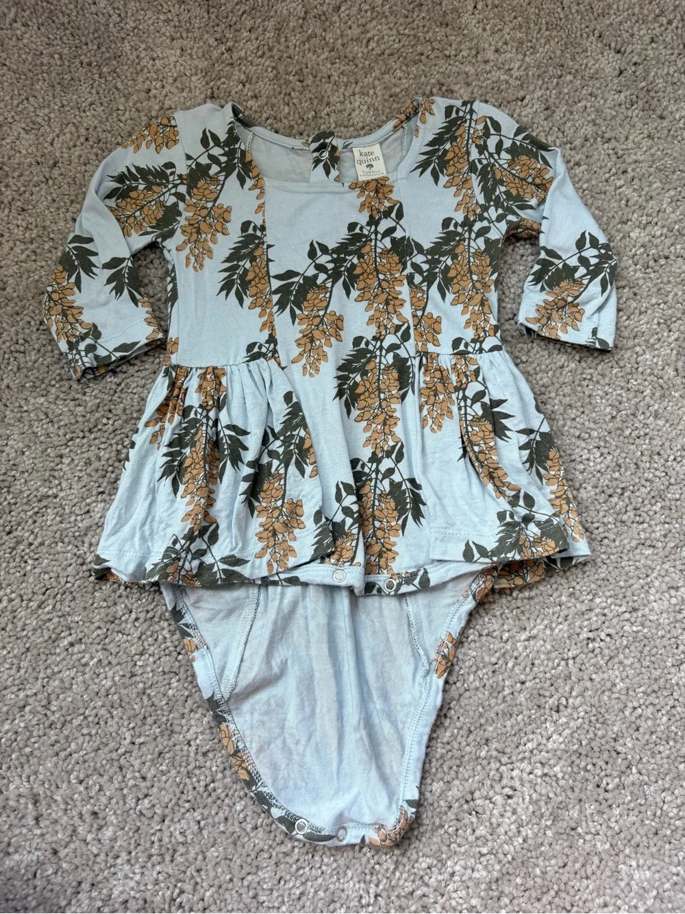 kate quinn Light Blue Floral Peplum Bodysuit with Mustard & Dark Green Print
